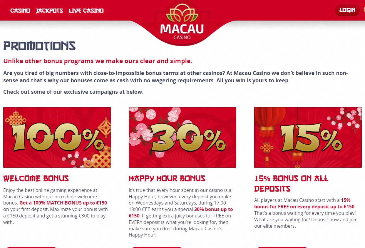 Macau Casino promotions area on desktop