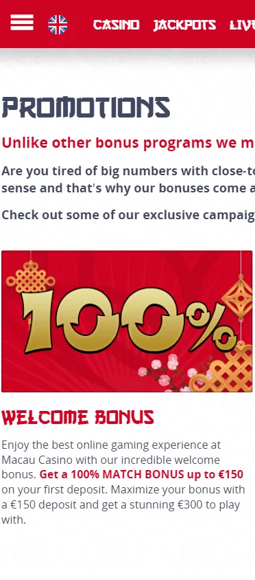 Macau Casino promotions area on a mobile device