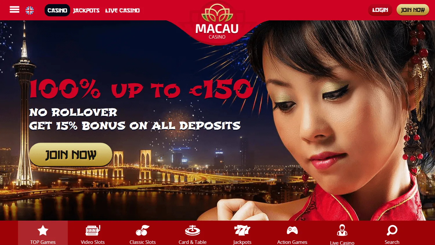 Macau Casino home on desktop